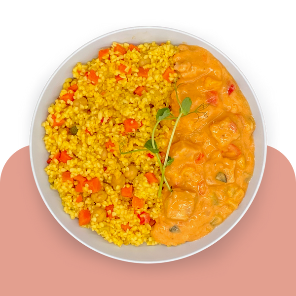 Bulgur mit bunter Gemüsesauce, Kürbis und Pute