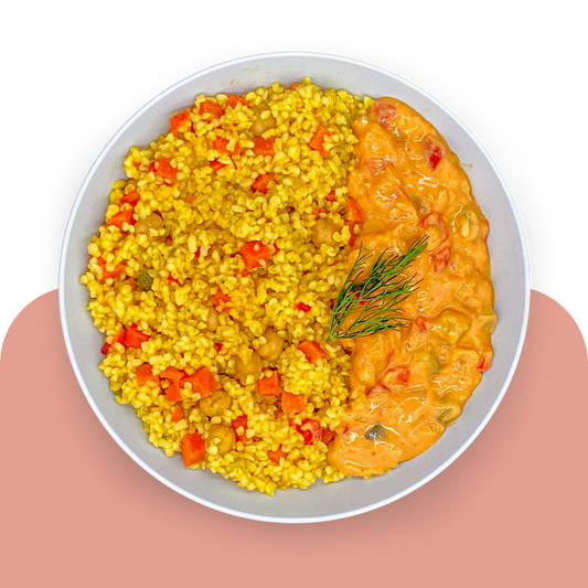 Bulgur mit bunter Gemüsesauce und Kürbis