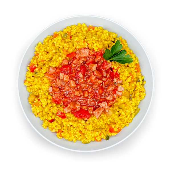 Bulgur mit buntem Gemüse, Tomaten-Paprika-Sauce und Pute