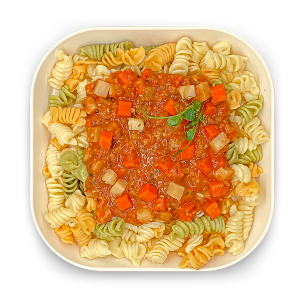 Bunte Spiralnudeln mit Linsenbolognese