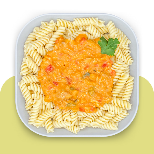 Pasta in bunter Kürbis-Gemüse-Sauce mit Hähnchen