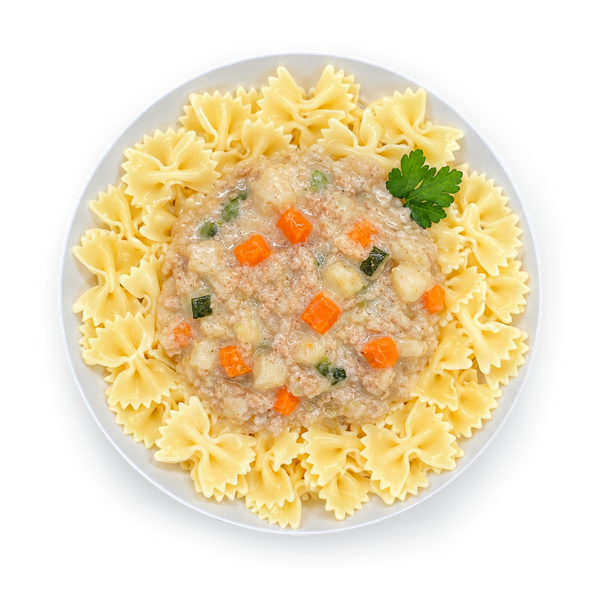 Schmetterlingsnudeln mit Gemüse und Sonnenblumenhack in Rahmsauce
