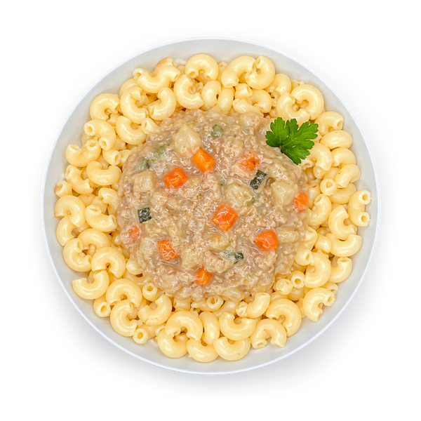 Hörnchennudeln mit Gemüse und Sonnenblumenhack in Rahmsauce