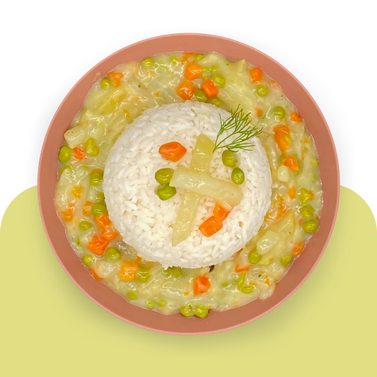 Reis mit Kohlrabifrikassee in sahniger Kokossauce
