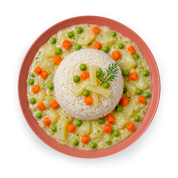 Reis mit Kohlrabifrikassee in sahniger Kokossauce