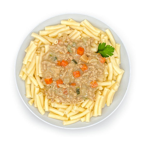 Mini-Makkaroni mit Gemüse und Sonnenblumenhack in Rahmsauce