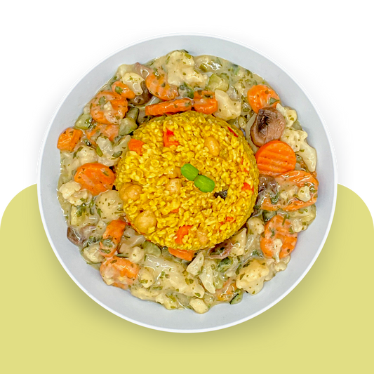 Bulgur mit buntem Gemüse und Blumenhohlgeschnetzeltem in Hafercreme