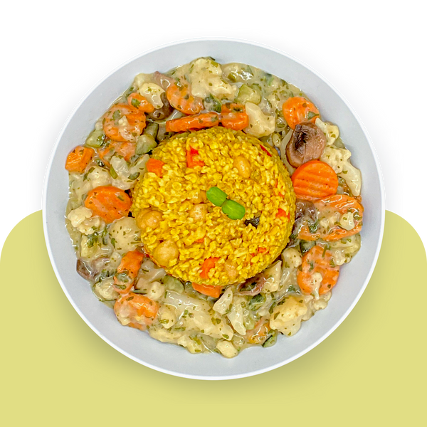 Bulgur mit buntem Gemüse und Blumenkohlgeschnetzeltem in Hafercreme